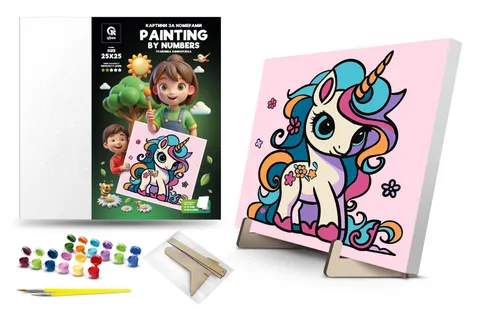 Kit for painting by numbers 25x25 cm QB900-001/QB901-001 "Playful unicorn" with a wooden stand qbee