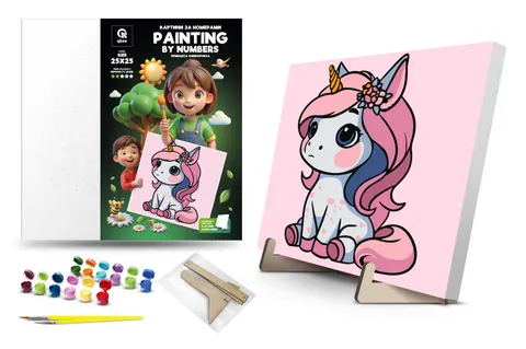 Kit for painting by numbers 25x25 cm QB900-011 / QB901-011 "Princess Unicorn" with a wooden stand qbee