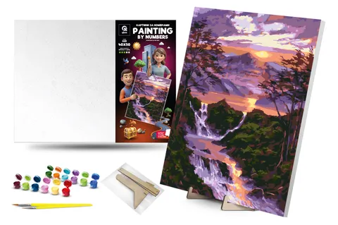 Kit for painting by numbers 40x50 cm QB900-021 "Waterfall at dawn" with a wooden stand qbee