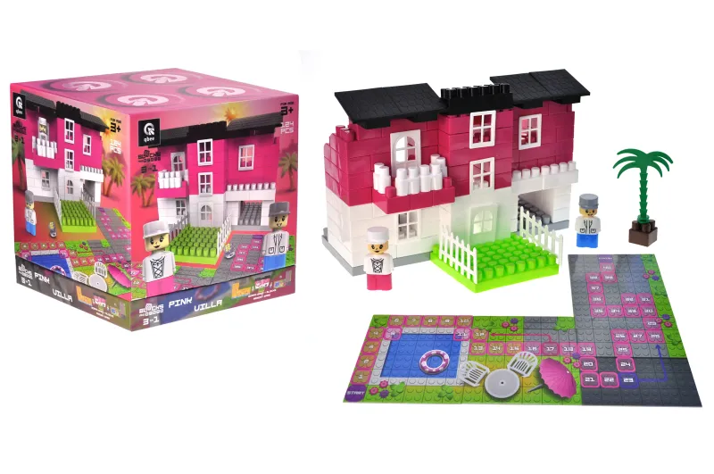 Constructor block QB300-206 "Block&Steps: Pink Villa" + walker and memory game 3 in 1, 124 children. qbee