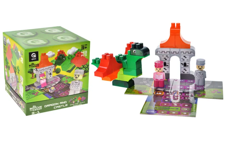 Constructor block QB300-106 "Block&Steps: Dragon and castle" + walker and memory game 3 in 1, 43 children. qbee