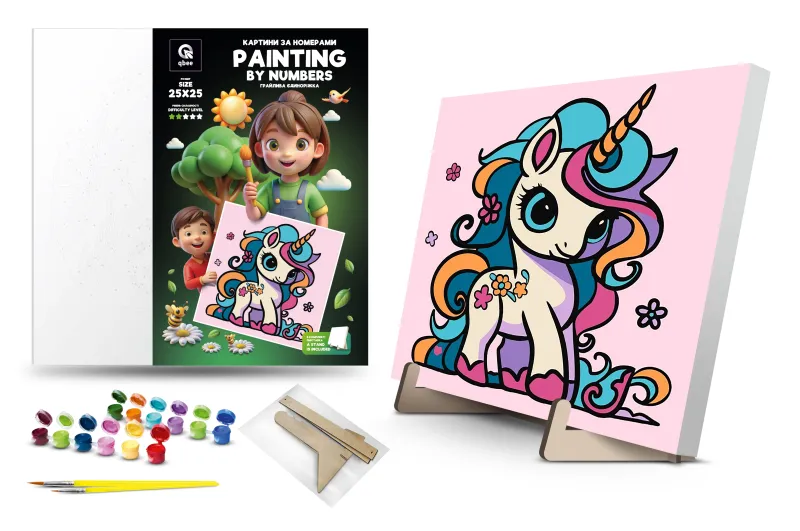 Kit for painting by numbers 25x25 cm QB900-001/QB901-001 "Playful unicorn" with a wooden stand qbee