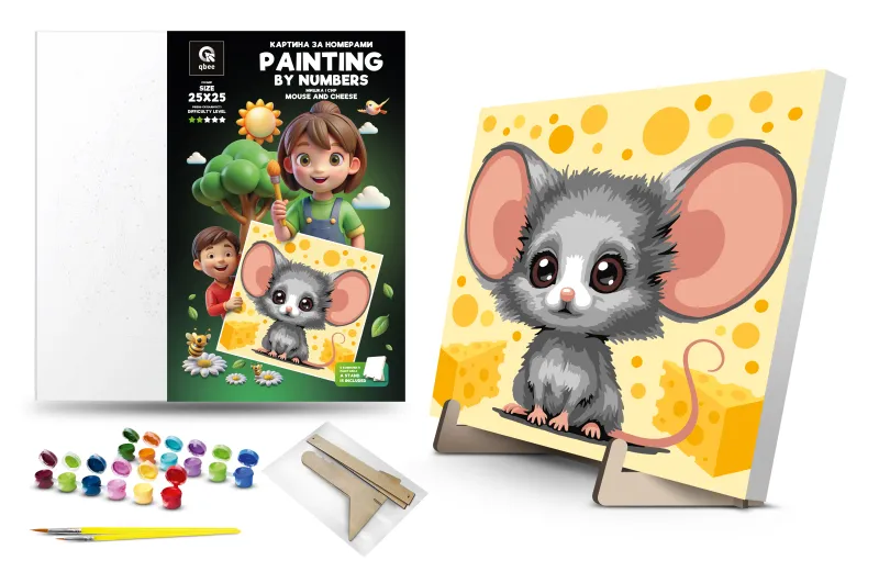Kit for painting by numbers 25x25 cm QB900-077 "Mouse and Cheese" with a wooden stand qbee